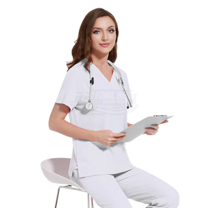 Women <b>Scrub</b> <b>Tops</b> Short Sleeve V Neck White Cotton Polyester Hospital Uniforms with Stethoscope and Clipboard - Product Image 2
