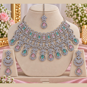 JeweleMarket Women's <b>Silver</b> Plated Crystal Rhinestone Ethnic Wedding Engagement Anniversary Party Gift <b>Necklace</b> <b>Earring</b> <b>Set</b> - Product Image 5