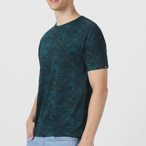 T-shirt en coton à manches courtes pour homme, col rond, imprimé feuilles tropicales vert foncé, coupe classique, jersey tricoté décontracté - Product Image 3