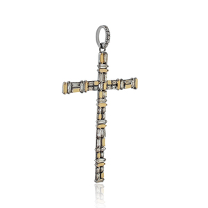 Natural Baguette Diamond Oxidized 925 <b>Silver</b> Yellow Vermeil Religious Cross <b>Charm</b> Unisex Pendant Necklace Jewelry Wholesale - Product Image 5