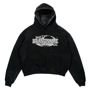 Men's <b>Oversized</b> Black Hooded <b>Sweatshirt</b> Cotton Fleece Distressed Embroidery <b>Vintage</b> Hoodie Front Pocket Casual Boxy Hoodie - Product Image 1