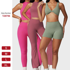 Ensemble de yoga 2 pièces pour femmes, leggings taille haute, haut court à bretelles croisées sans couture, couleur unie, vêtements de sport TZ8796 - Product Image 1