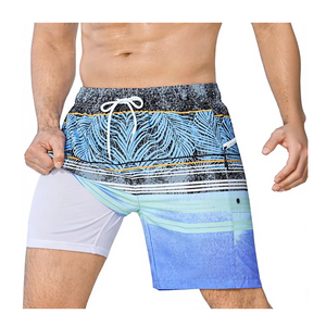 UPF 50 <b>Men's</b> Eco-Friendly High Waist <b>Men's</b> Stretch Swim <b>Trunks</b> w/ Diagonal Pocket Bermuda Style Summer Breathable Shorts - Product Image 1