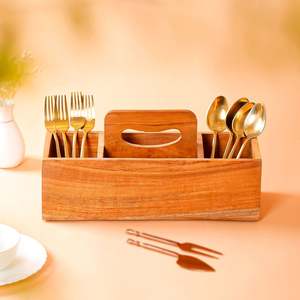 Indian Supplier Wooden Cutlery <b>Caddy</b> with Handle for Picnic <b>Kitchen</b> Counter Dining Table Organization Available For Sale - Product Image 1