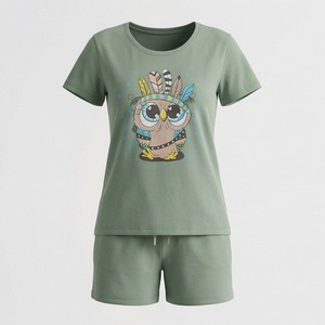 Conjunto de 2 piezas para mujer, camiseta de manga corta y pantalones cortos con estampado de búho de dibujos animados, ropa informal de primavera y verano, cuello redondo, por encima de la rodilla, corte regular - Product Image 1