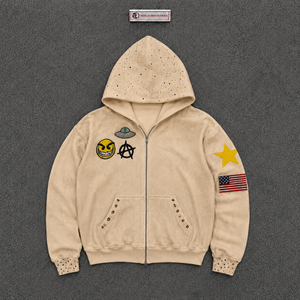 Sudadera con capucha beige para hombre con cremallera, parches de dibujos animados y parche de bandera estadounidense, corte regular, informal, cómoda, holgada, en oferta. - Product Image 5