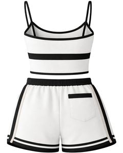 Conjunto de camisola y pantalones cortos para mujer, conjunto de dos piezas de verano, Top corto de mezcla de algodón, pantalones cortos con cordón y estampado de setas, informal, en blanco y negro - Product Image 2