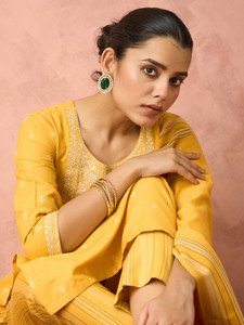 Traditional Indian Pakistani <b>Women</b> Cotton Straight <b>Suit</b> Set Yellow Embroidery Knee-Length Casual Wear Regular Fit Diwali <b>Wedding</b> - Product Image 4