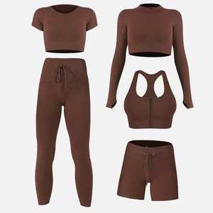 <b>Men's</b> Seamless Yoga Activewear 5-Piece Set Short Long Sleeve <b>Crop</b> <b>Tops</b> Sports Bra High Waist Leggings Shorts Spandex/Nylon - Product Image 6