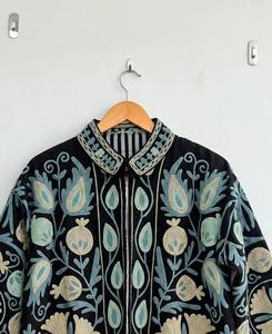 Bohemian Black Cotton Embroidered Jacket With Floral & Pomegranate Pattern Full Sleeve <b>Stand</b> Collar Handmade Women's Autumn <b>Coat</b> - Product Image 3