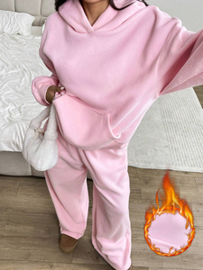 Women Pink Hooded Tracksuit Cotton Fleece Loose Fit Solid Color Casual <b>Jogger</b> <b>Set</b> With Side Pockets Autumn Wear - Product Image 6