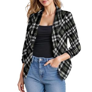 Blazer de Algodón a Cuadros para Mujer, Diseño Personalizado, Negro y Blanco, Manga Larga, Frente Abierto, Chaqueta de Traje con Patrón a Cuadros - Product Image 2