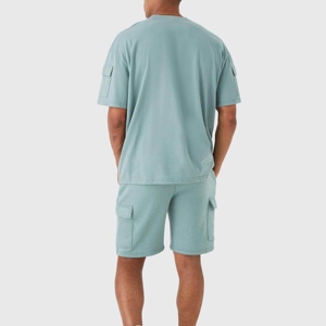 Men's Light Blue Cotton Crew Neck T-Shirt And Cargo Shorts <b>Set</b> Casual Summer Wear Breathable <b>Knitted</b> Fabric - Product Image 5