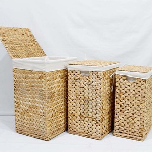 Hot Sales Handwoven Eco-Friendly Water Hyacinth <b>Rectangular</b> Trunk Set 3 Pcs Nesting <b>Storage</b> <b>Baskets</b> Fabric Liner - Product Image 1