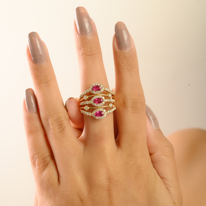 Bague Statement Multicouche en Or Jaune Véritable 14K avec Rubis et Diamants, Design Unique Pierre de Naissance de Juillet, pour Femme, Bijoux de Mariage en Gros - Product Image 2