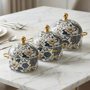 Luxury 3Pc Luxury Floral Stainless Steel Hot <b>Pot</b> Casserole <b>Set</b> Insulated Serving Dish Food Warmer Home Catering Wedding Parties - Product Image 2