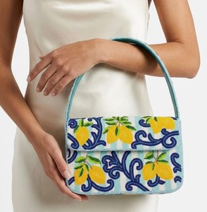 Sac à main artisanal brodé de citrons et perles, motif floral bleu et jaune, sac bandoulière pour femme, accessoire textile style art populaire - Product Image 3