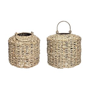 Japandi Cylinder Drum Seagrass Lantern Candle Holder Hanging <b>Rope</b> Lanterns Garden Glass Candle Holder <b>Light</b> Interior Decor - Product Image 1