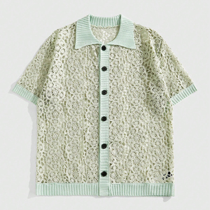 Camisas de punto de ganchillo vintage más vendidas de 2026 para hombre, con encaje floral, manga corta, abotonadas, transpirables, informales de verano para la playa - Product Image 1