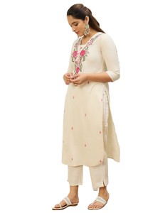Vestido Midi Informal de Verano para Mujer, de Algodón Khadi, con Bordado Floral Moderno, Estilo Tradicional Indio, Corte Regular, Secado Rápido, Protección Solar - Product Image 2