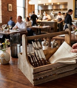 Rustic Wooden Countertop Cutlery Organizer <b>Caddy</b> with Handle Farmhouse Flatware Storage Basket for <b>Kitchen</b> Dining Restaurant Use - Product Image 6
