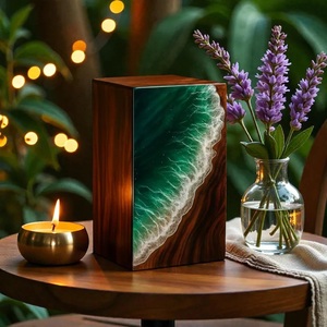 Urna Funeraria de Madera con Resina de Olas Oceánicas, Caja Conmemorativa Esmeralda del Mar - Product Image 1