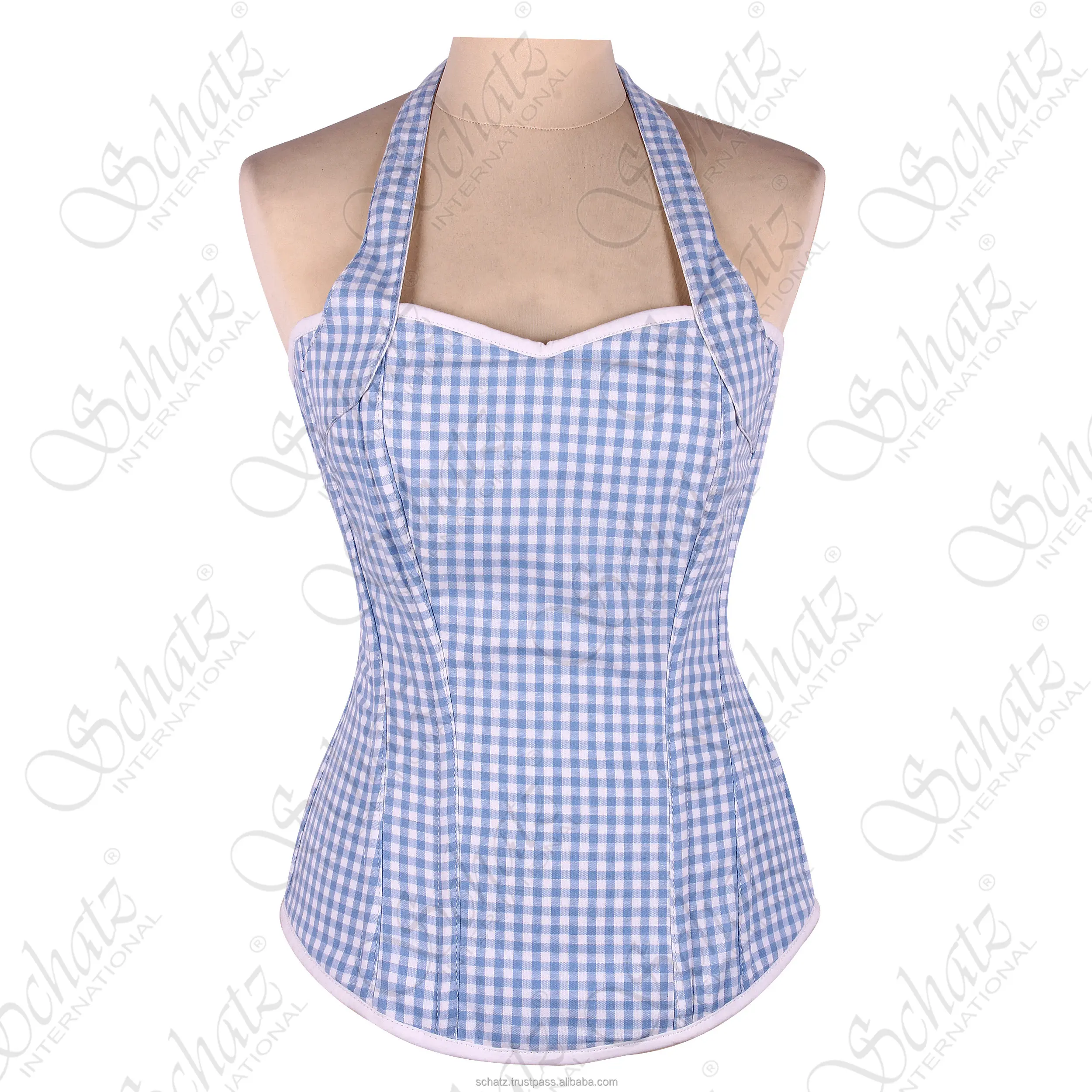 Body femme taille formateur Shapewear corset Overbust Check Print bleu Royal & blanc coton Corset avec épaule rayure