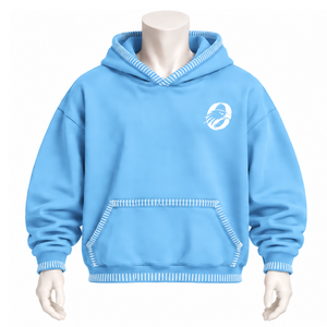 <b>Sky</b> <b>Blue</b> Stitched Border Distressed Hoodie Oversized Pullover Sweatshirt Contrast Stitch Kangaroo Pocket Casual Streetwear <b>Top</b> - Product Image 1