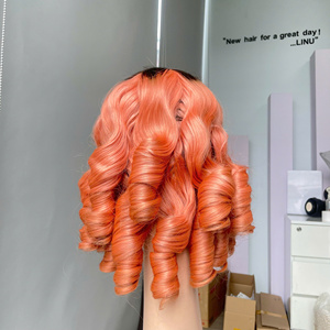 Super Quality 100% Virgin Vietnamese Hair <b>Wig</b> Bouncy Curly Super Double Drawn Ombre Pink Color Wholesale Priced - Product Image 6
