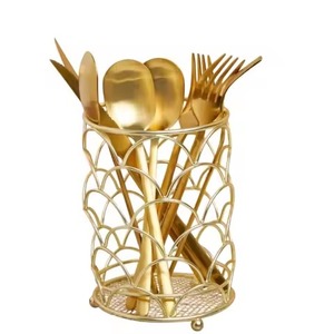 Latest Gold Metal Utensil Holder Cylindrical <b>Kitchen</b> <b>Storage</b> <b>Rack</b> Modern Design Durable Tableware Standing Type Single Tier - Product Image 1