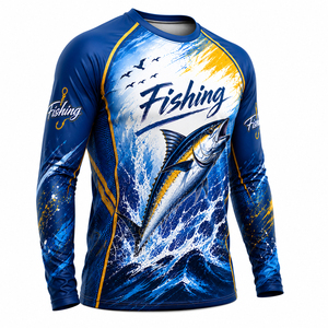 เสื้อเชิ้ตแขนยาวสำหรับตกปลา ผู้ชาย พิมพ์ลายแบบ Sublimation สีน้ำเงินเหลือง ออกแบบเองได้ คอกลม ระบายเหงื่อได้ดี ทรงพอดีตัว เหมาะสำหรับใส่กลางแจ้งในฤดูร้อน - Product Image 1