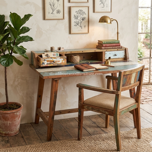Bureau d'écriture DIVADI fait main en bois de bateau recyclé, style simple et minimaliste, écologique, antique, pour la maison ou le bureau, avec tiroirs - Product Image 6