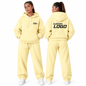 Ensemble de survêtements premium 2 pièces en molleton épais avec logo personnalisé, coupe ample, pour femmes (sweat à capuche et pantalon de jogging) - Meilleures ventes - Product Image 1