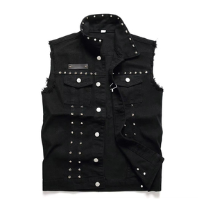 <b>Men's</b> <b>Black</b> Denim Sleeveless <b>Vest</b> Turn-down Collar Rivet Decorated Punk Style Outerwear Regular Fit Autumn Wear - Product Image 1