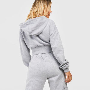 Womens Grey Solid <b>Crop</b> <b>Zip</b> <b>Up</b> Hoodie Long Sleeve Casual Fleece Jacket Custom Logo OEM ODM Wholesale Apparel - Product Image 4