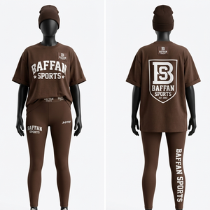 Conjunto de camiseta y leggings marrón de mezcla de algodón y poliéster premium de 180 GSM, tela suave y elástica, con logo personalizado, conjuntos para mujer. - Product Image 4