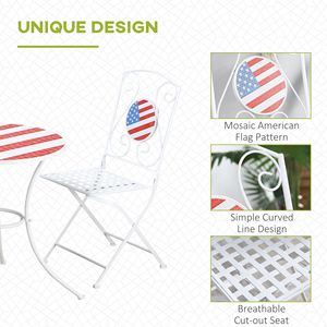 Set Bistrot 3 Pezzi per Esterni con Sedie Pieghevoli a Mosaico Bandiera Americana e Tavolino da Caffè, Rivestimento a Polvere, per Giardino e Balcone, Bianco - Product Image 6
