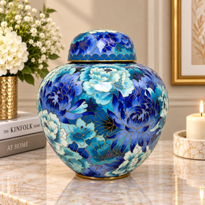 Urna Funeraria Metálica Azul Cobalto con Motivo Floral Intrincado, Silueta de Globo, Tapa Segura, Recuerdo Conmemorativo de Cremación - Product Image 1