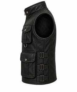 <b>Men's</b> <b>Black</b> Polyester Moto <b>Vest</b> Stand Collar Zipper Closure Multi Pockets Casual Outerwear Plus Size Regular Fit Solid Color - Product Image 4