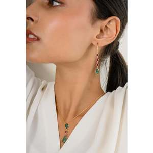 Platinum Geometric Chandelier Drop Earrings with Ruby Emerald Diamond and Pearl - Product Image 4