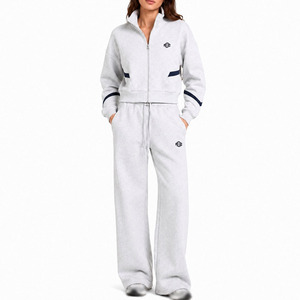 Conjunto Deportivo para Mujer con Rayas en Contraste, Chaqueta Corta con Cierre y Cuello Alto, Pantalones Anchos de Pierna Recta, Ropa Deportiva de Algodón y Felpa, OEM - Product Image 1