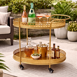 Chariot de bar moderne en métal doré avec roulettes, chariot de service rond à deux niveaux pour la maison, l'hôtel, le restaurant - Product Image 1