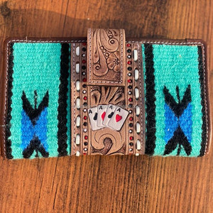 Mano Tooled Western Saddle Blanket Floral Aces Bifold Clutch Mujeres Vintage Moda Cartera de cuero genuino - Product Image 2