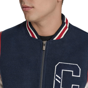 <b>Men's</b> Navy Varsity <b>Jacket</b> With <b>White</b> Sleeves And Red Accents Embroidered C Logo Zipper Closure Preppy Style Autumn Wear - Product Image 2