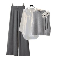 Automne hiver tricoté 3 pièces ensemble bureau dames élégant tricoté gilet + chemises blanches + pantalons à jambes larges ensembles pour femmes vêtements