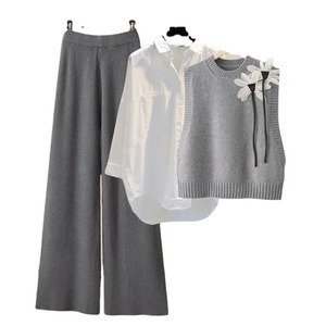 Conjunto de 3 piezas de punto de otoño e invierno, chaleco de punto elegante para mujer de oficina + camisas blancas + conjuntos de pantalones de pierna ancha para mujer, ropa - Product Image 5