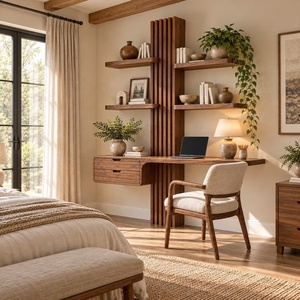 Bureau mural contemporain en bois avec étagères en forme d'arbre et tiroir pour bureau à domicile - Product Image 2