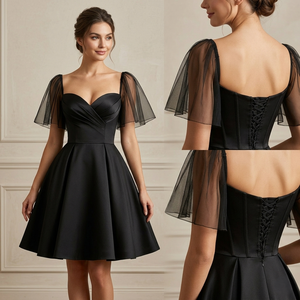 Robe de soirée noire en satin pour femme, col cœur, corset, manches en résille, coupe trapèze courte, pour bal de promo et soirées - Product Image 5