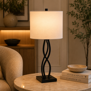Infinity Twist Metal Table Lamp with Linen <b>Drum</b> <b>Shade</b> Durable Iron Construction Warm Ambient <b>Lighting</b> for Luxury Interiors - Product Image 1