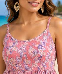 Pink Chiffon Floral <b>Spaghetti</b> <b>Strap</b> Casual <b>Dress</b> Sleeveless Regular Fit <b>Midi</b> Natural Waist A-Line Summer Sundress Beach Party - Product Image 3
